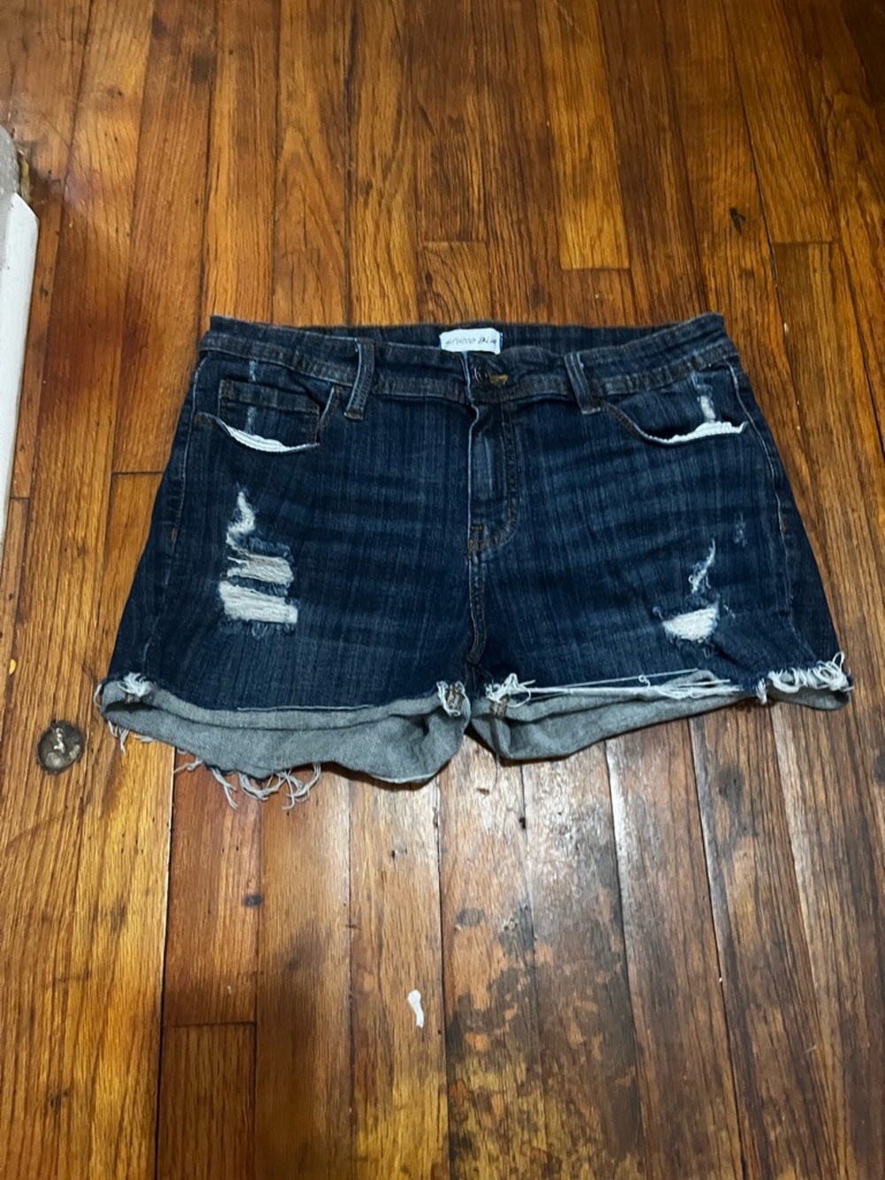 High-Rise Distressed Dark Wash Denim Shorts